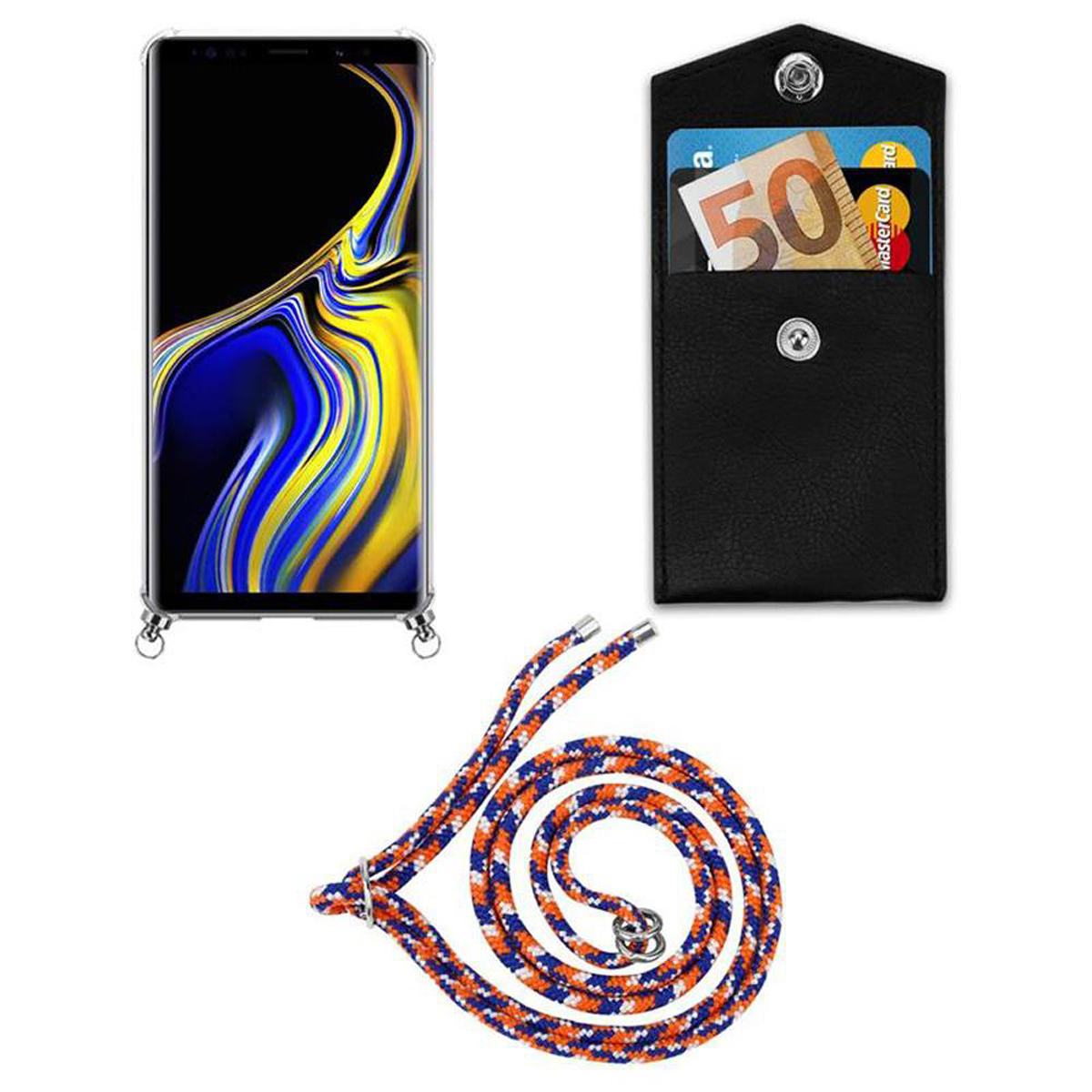 Ein Telefon mit Riemen und schwarzer Hülle. Eine schwarze Hülle mit Geld und Karten ist sichtbar.