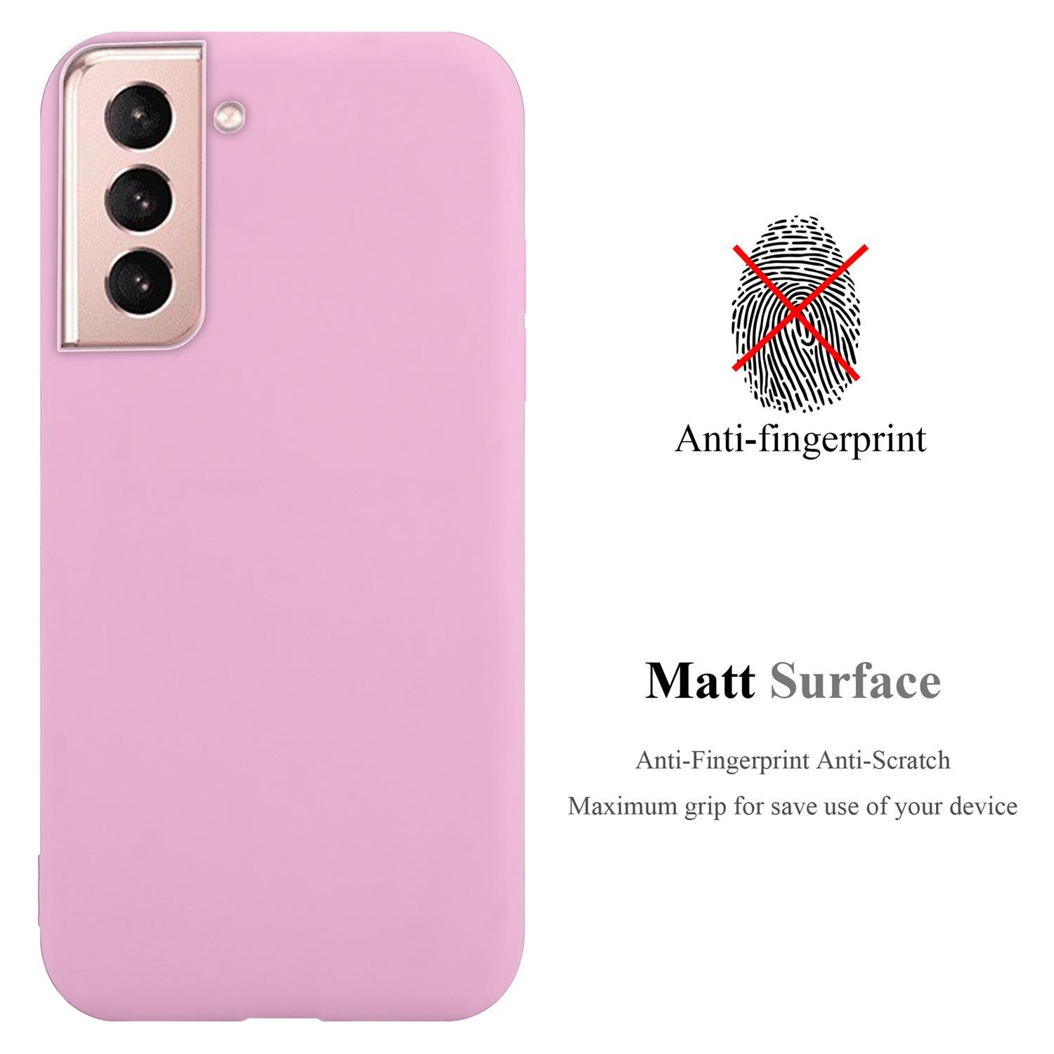 Custodia per telefono rosa con testo 'anti-impronta, superficie opaca'. Un simbolo di impronta digitale è sbarrato.