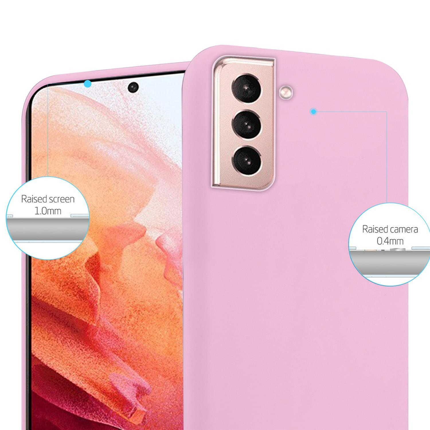 Custodia per telefono rosa che mostra la protezione rialzata dello schermo e della fotocamera. La custodia è su sfondo bianco.