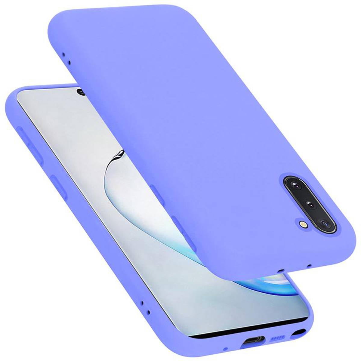 Lila Handyhülle mit einem Telefon darin, abgewinkelt.