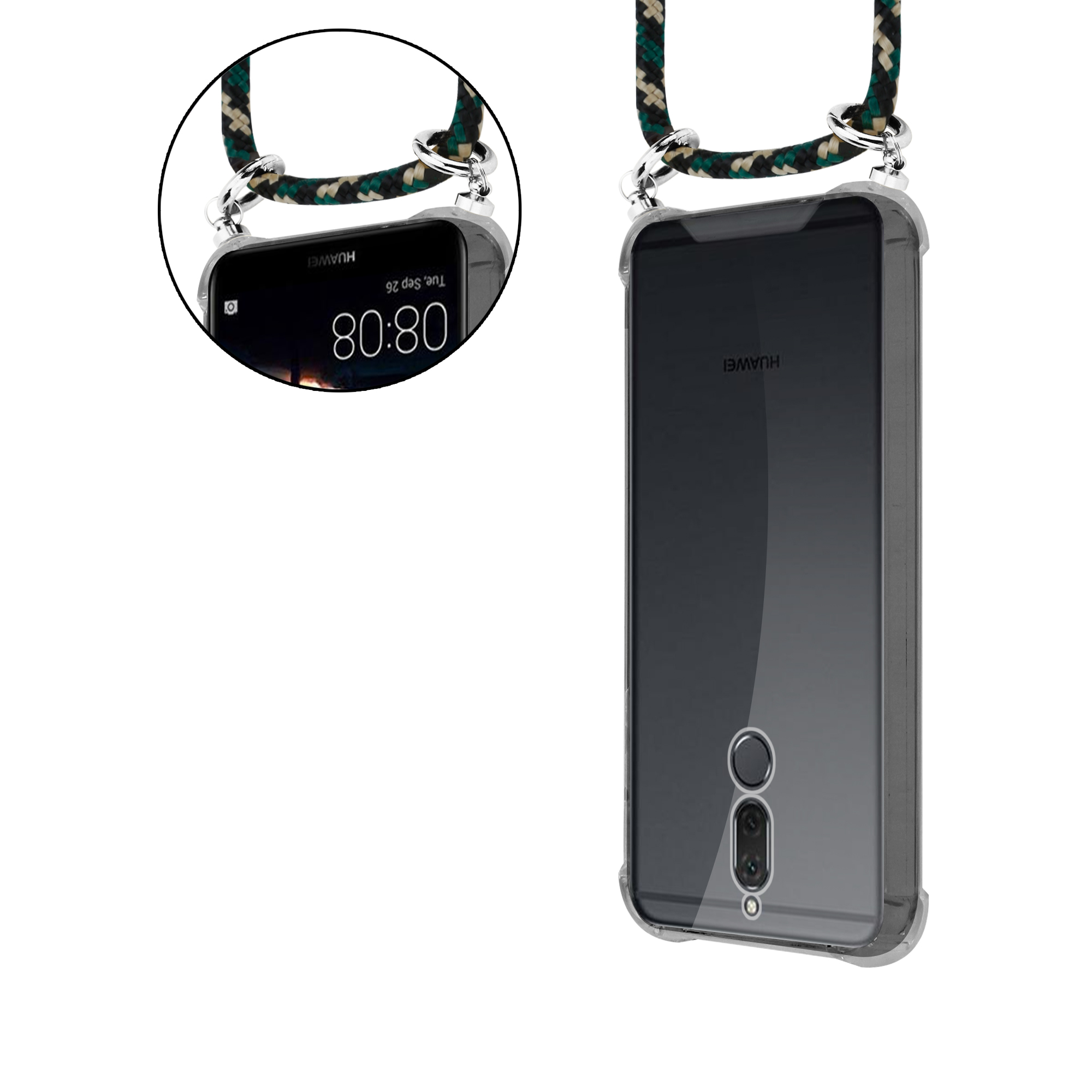 Telefon mit Lanyard. Das Telefon befindet sich in einer transparenten Hülle. Grün-schwarzes Kabel.