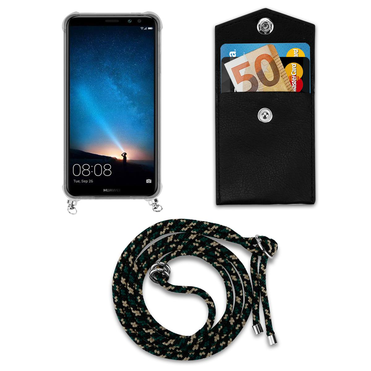 Ein Telefon, eine schwarze Ledergeldbörse und ein gemustertes Schlüsselband auf weißem Hintergrund. Die Brieftasche hat Karten.