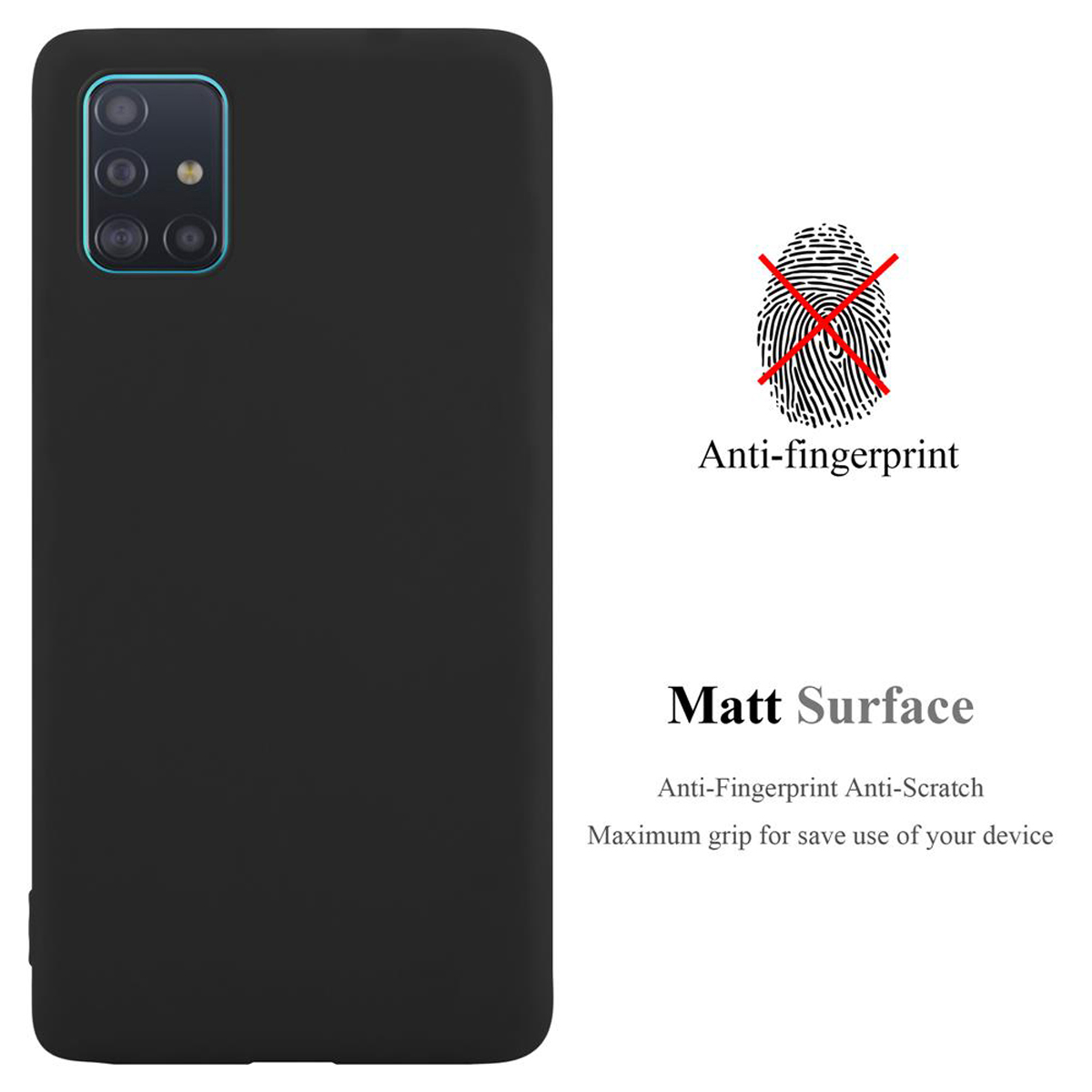 Custodia per telefono nera con testo 'Anti-fingerprint' e 'Matt Surface'. Simbolo dell'impronta digitale barrato.