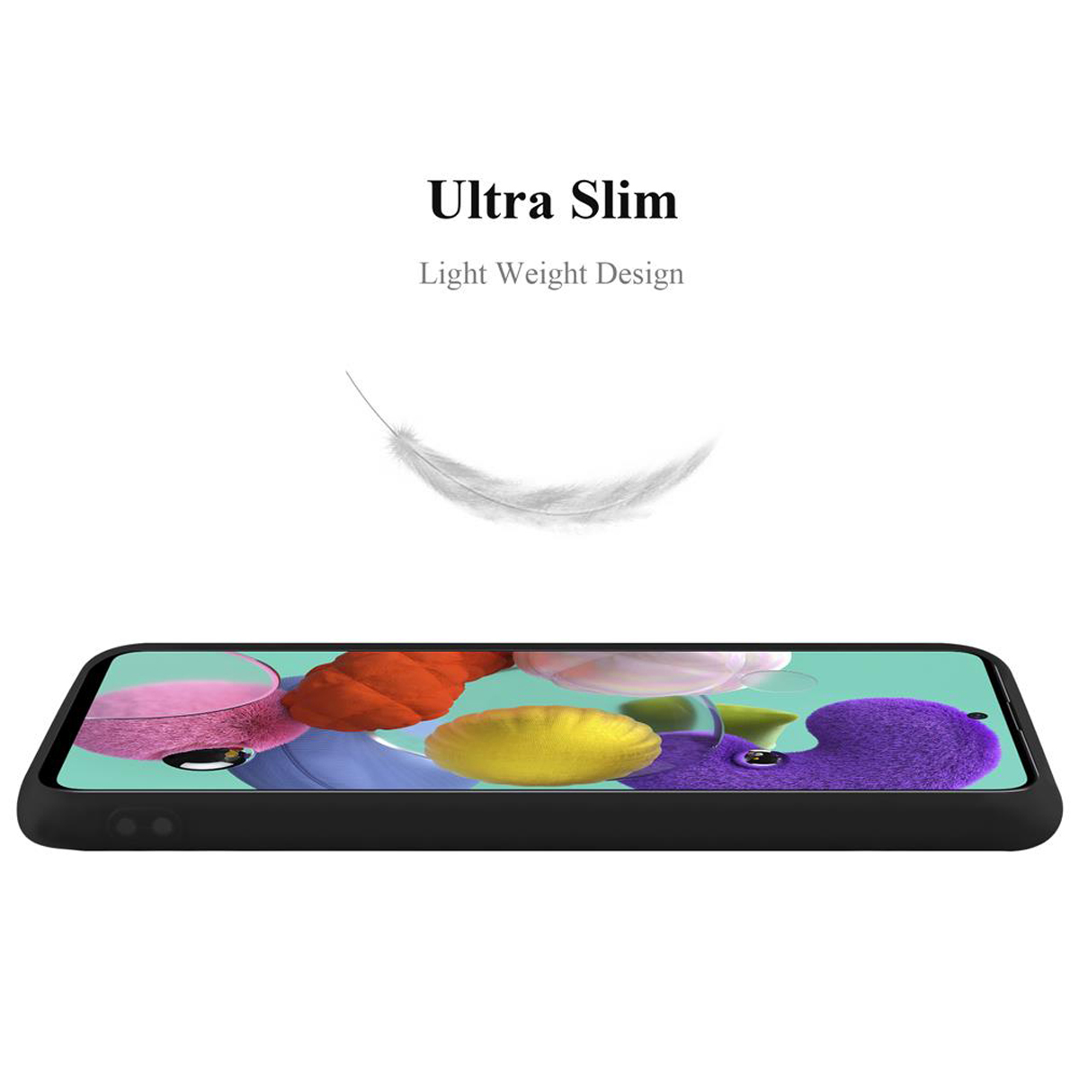 Custodia per telefono su bianco, con testo 'Ultra Slim' e illustrazione di una piuma. Lo sfondo è bianco.