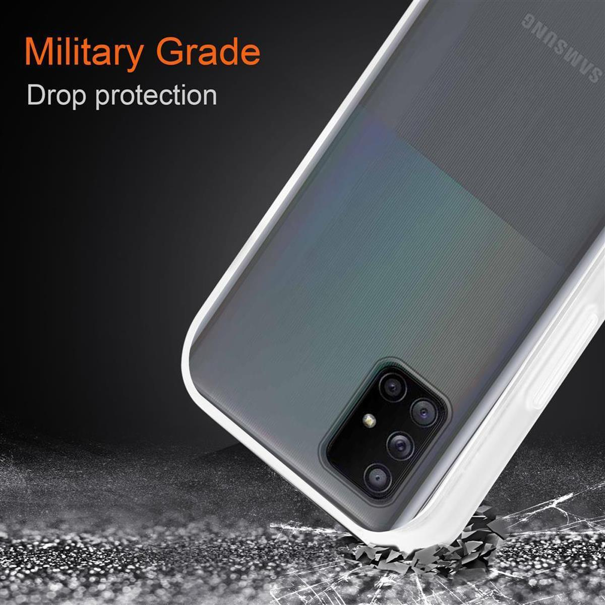 Handyhülle auf einem Telefon, abgewinkelt, mit unscharfem Hintergrund. Text sagt 'Military Grade'.