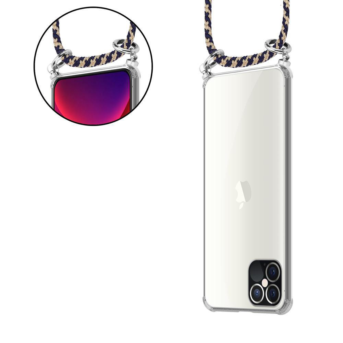 Telefono in custodia trasparente con cinturino intrecciato. Il telefono mostra uno schermo e dettagli della fotocamera. Sfondo bianco.