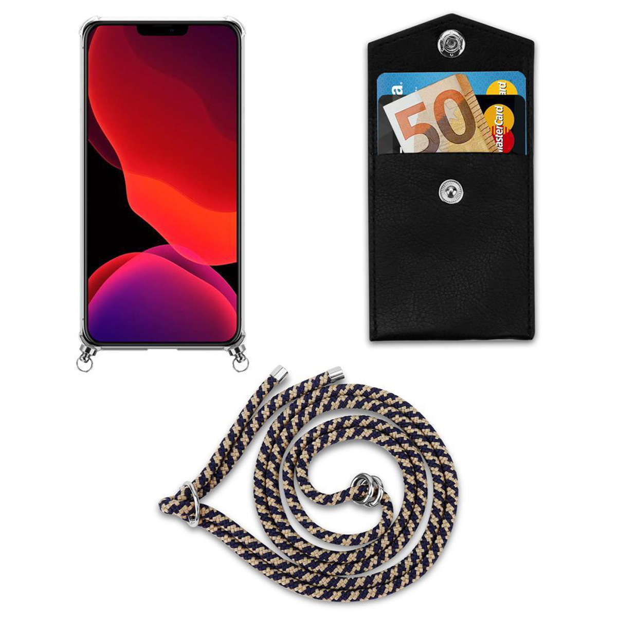 Un telefono con custodia trasparente, una custodia a portafoglio nera con carte e un cinturino blu navy e beige.