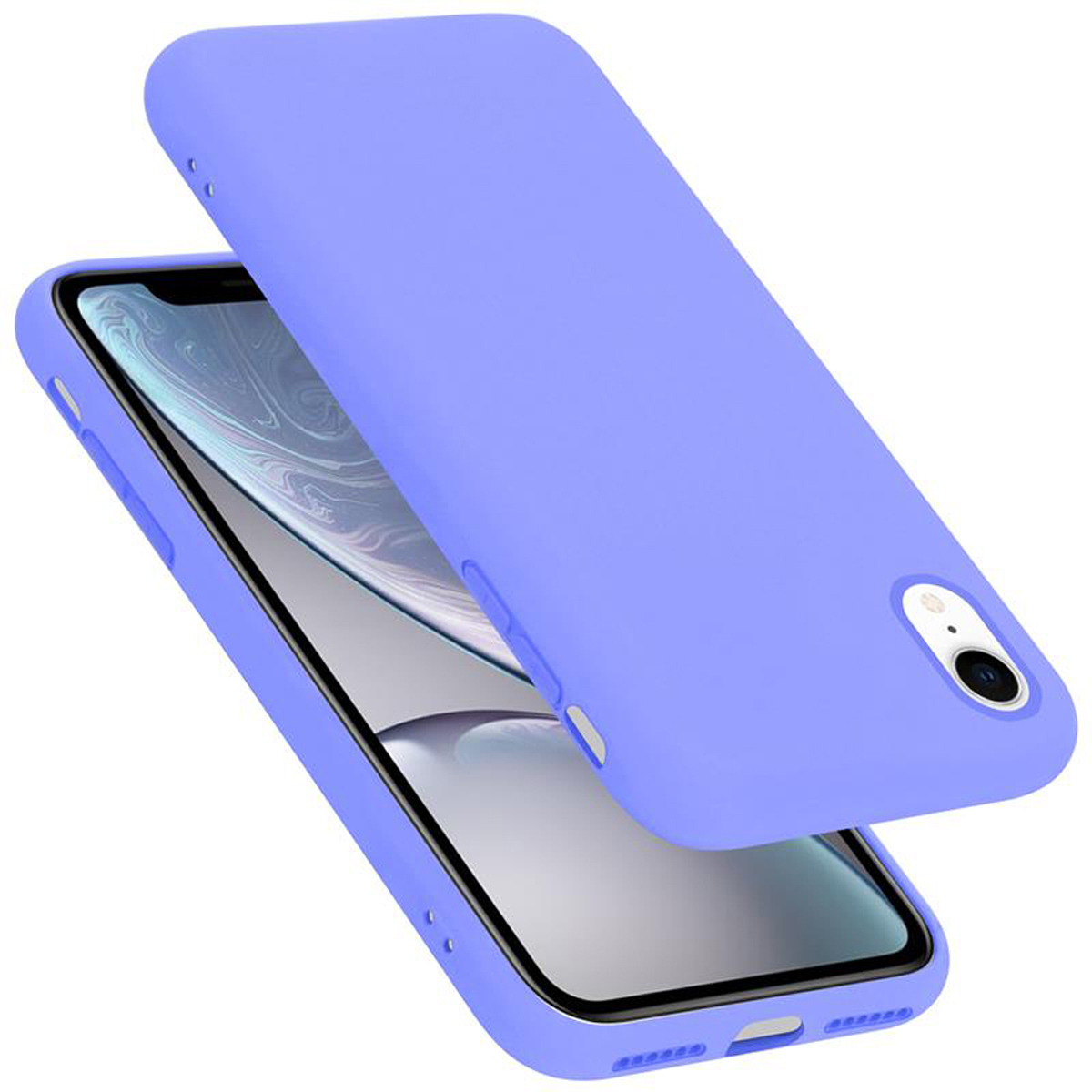 Blaue Handyhülle mit einem Telefon darin und einem weißen Hintergrund.