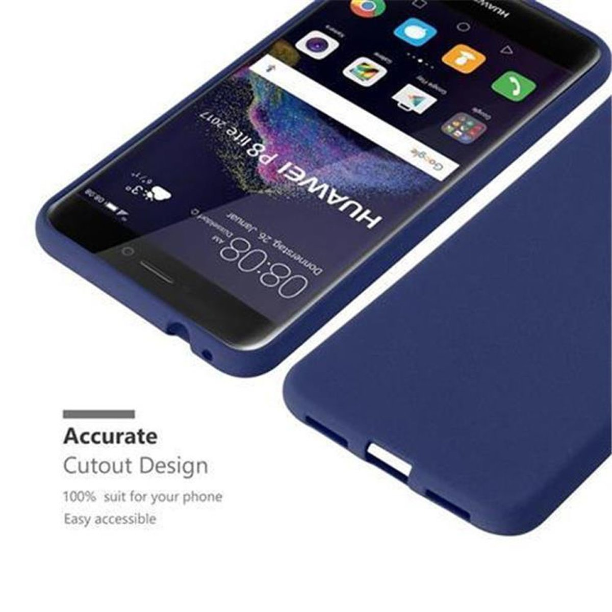 Una funda de teléfono azul marino con un teléfono dentro. La funda está abierta, mostrando la pantalla del teléfono.