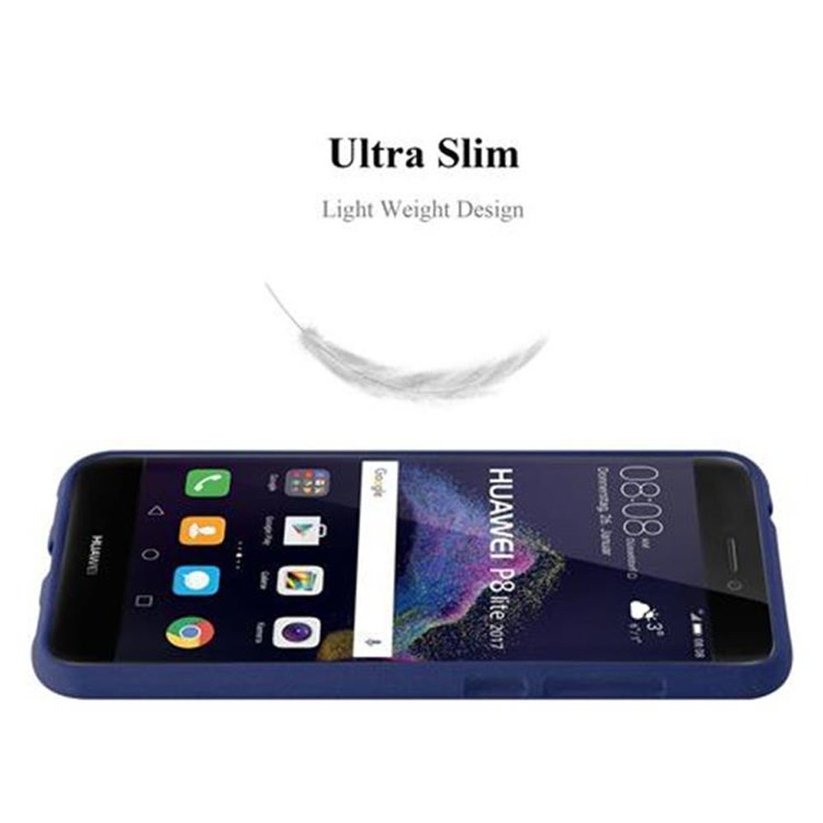 Una funda de teléfono negra con las palabras "Ultra Slim" y una pluma sobre un fondo blanco.