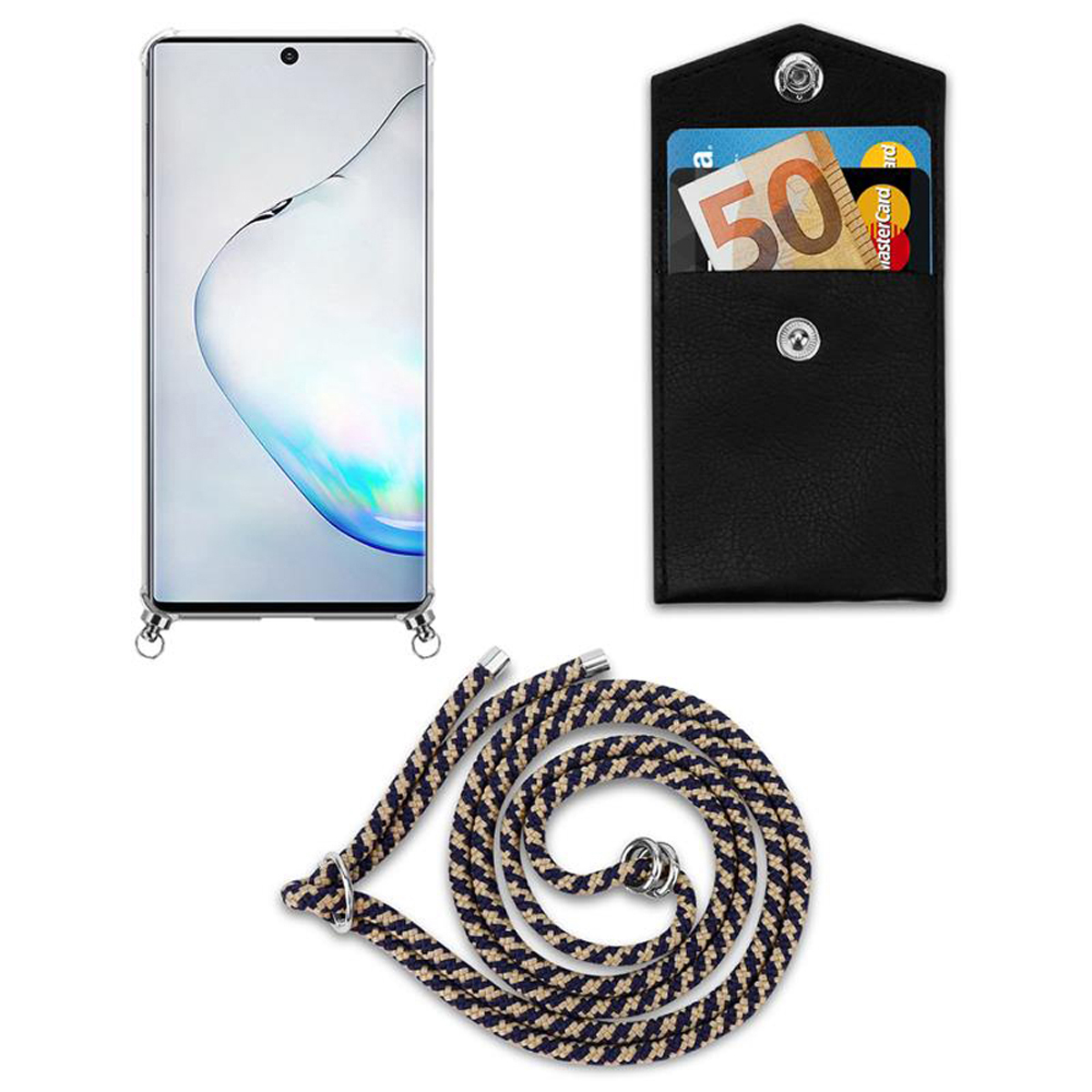 Telefono, porta carte nero con carte e cordino fantasia su sfondo bianco.