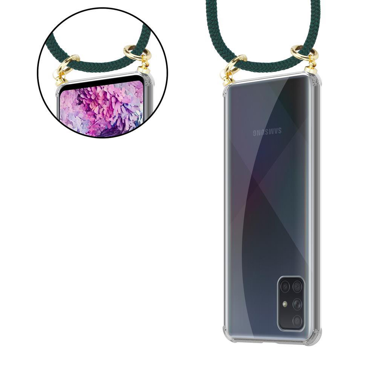 Custodia trasparente per telefono con cinturino verde. Il telefono mostra un motivo colorato sullo schermo.