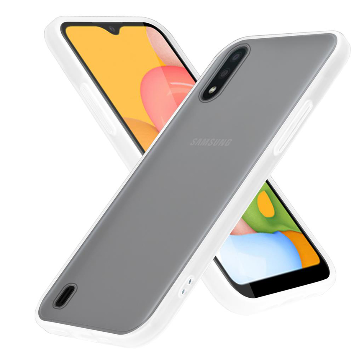 Zwei Mobiltelefone in Hüllen. Eines liegt auf dem anderen. Graue und weiße Hülle.