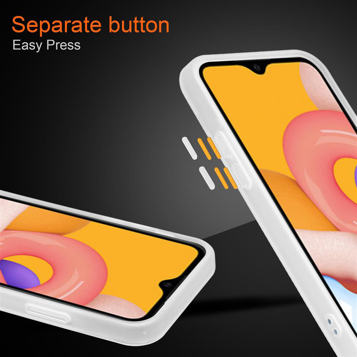 Weiße Handyhülle, zeigt separate Tasten. Orange-weißer Hintergrund.