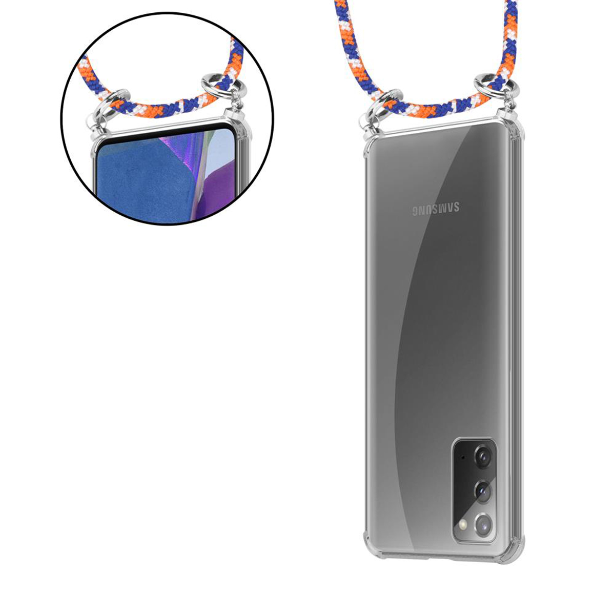 Una custodia trasparente per telefono con un telefono Samsung all'interno. È collegato un cordino. Il design ha dettagli chiari e neri.