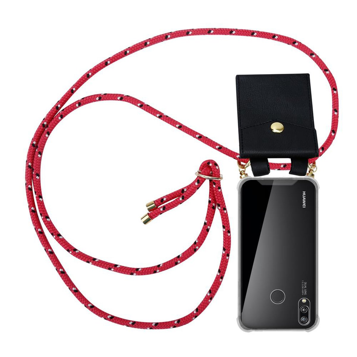Telefono con cinturino rosso e custodia in pelle nera. Il telefono è in una custodia trasparente.