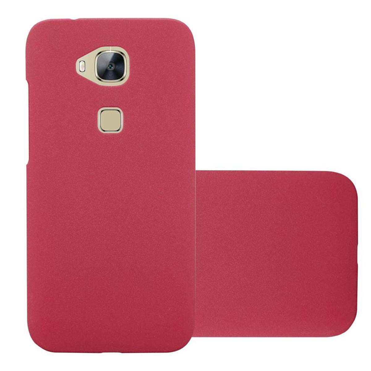 Funda roja para teléfono, dos piezas. La funda está abierta. Fondo blanco.