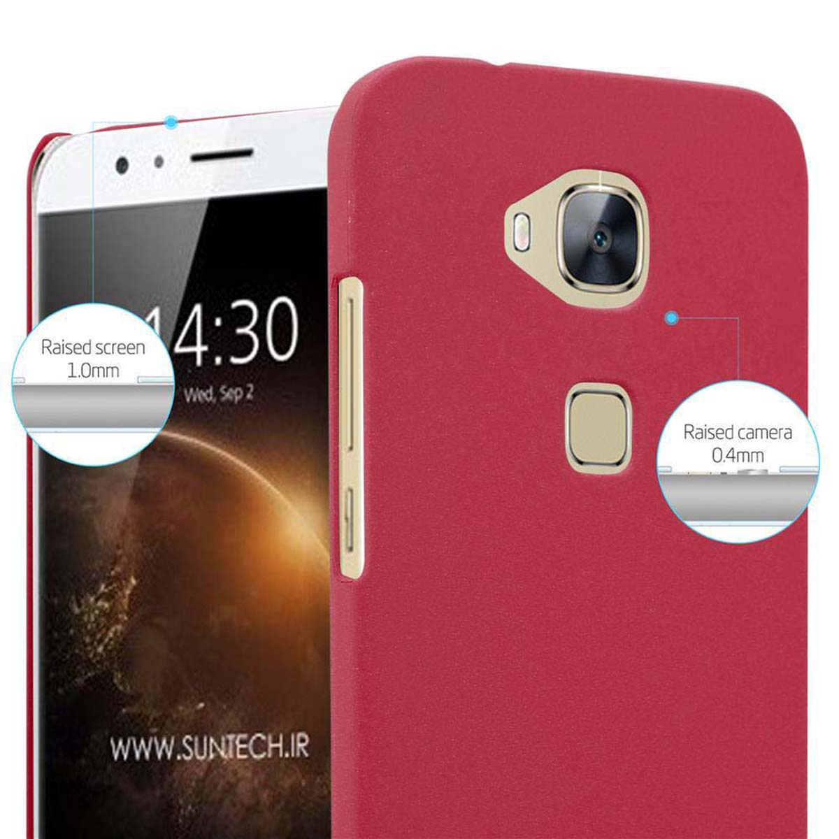 Dos teléfonos uno al lado del otro, uno con pantalla, otro en funda roja. Detalles muestran pantalla y cámara elevadas.