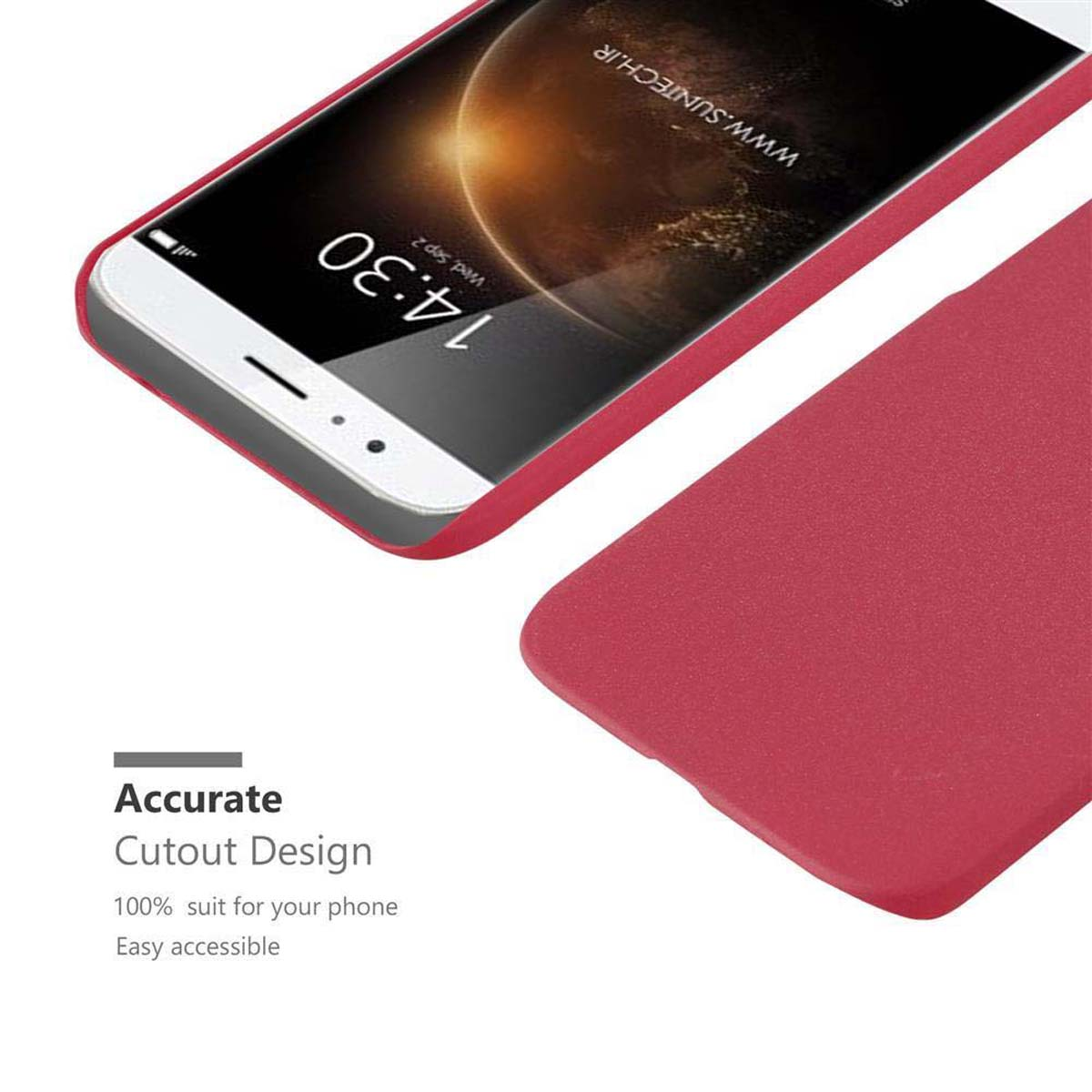 Primer plano de un teléfono y una funda con una funda roja. La pantalla del teléfono está encendida y visible.