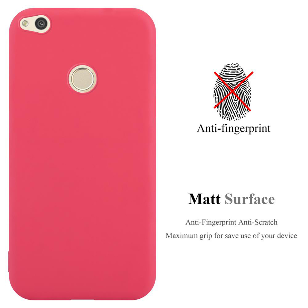 Funda de teléfono rosa sobre fondo blanco. Muestra antihuellas y superficie mate.
