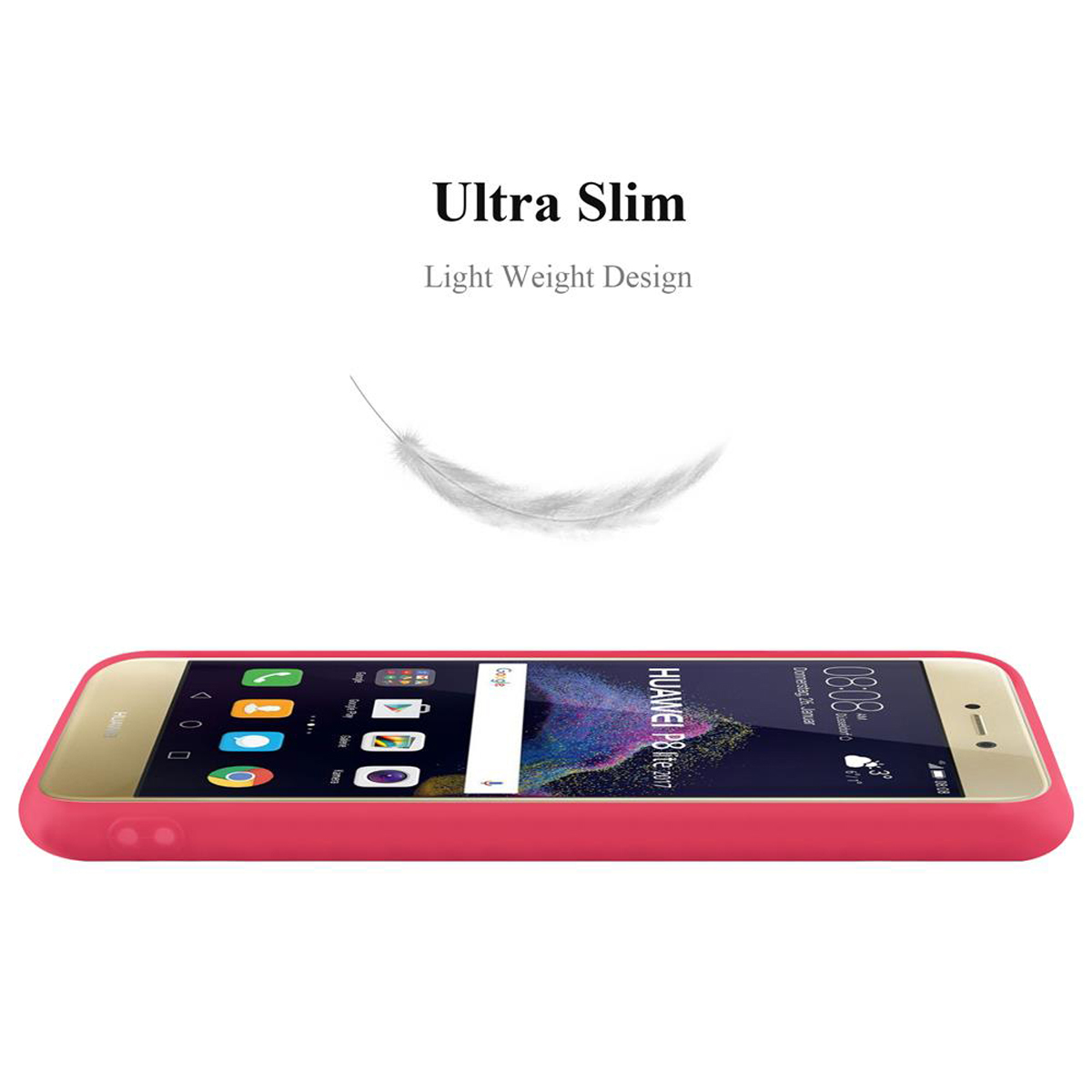 Un teléfono en una funda roja, acostado sobre una superficie, con una pluma encima.
