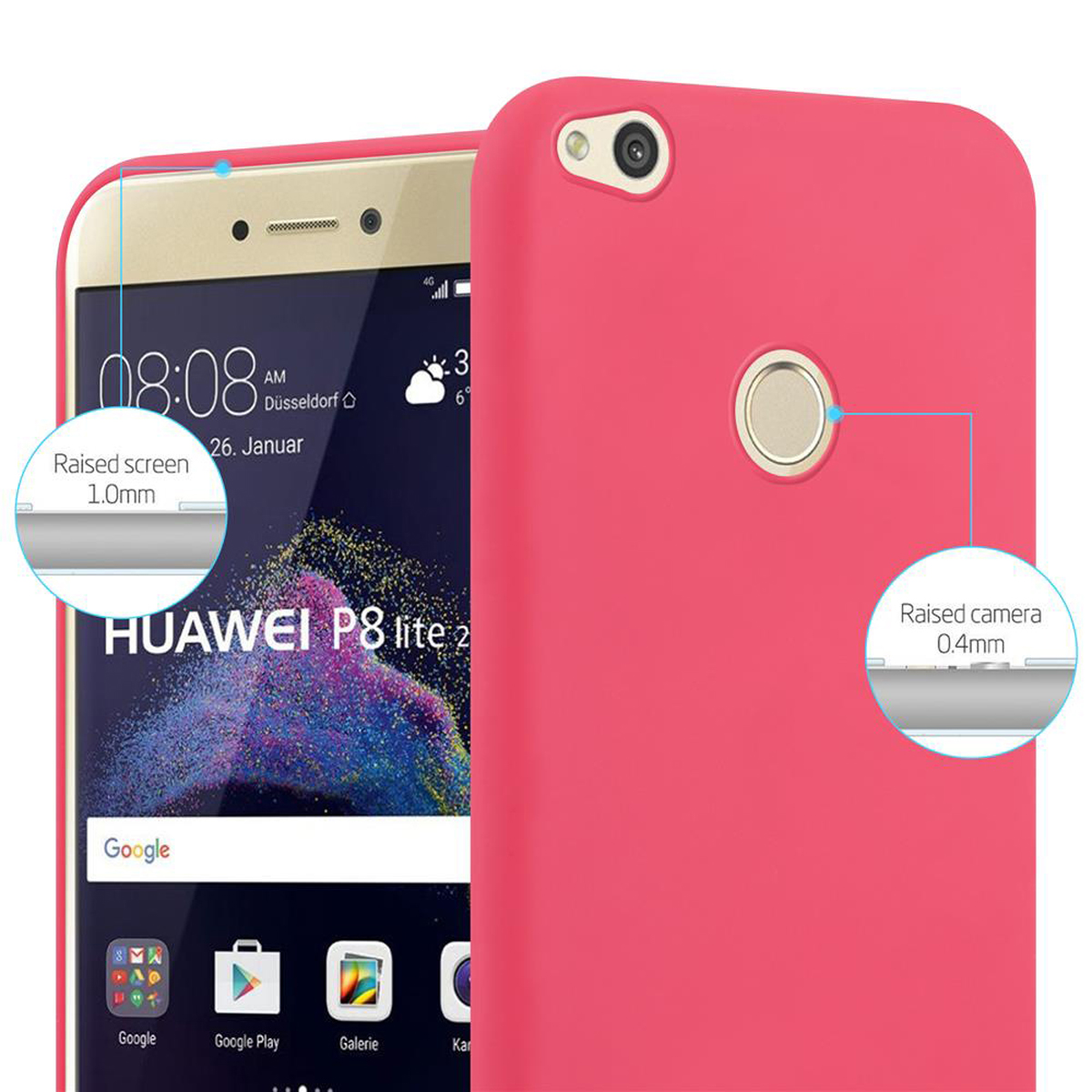 Una funda rosa para teléfono, con un teléfono dentro. La funda tiene protección de pantalla y cámara elevada.