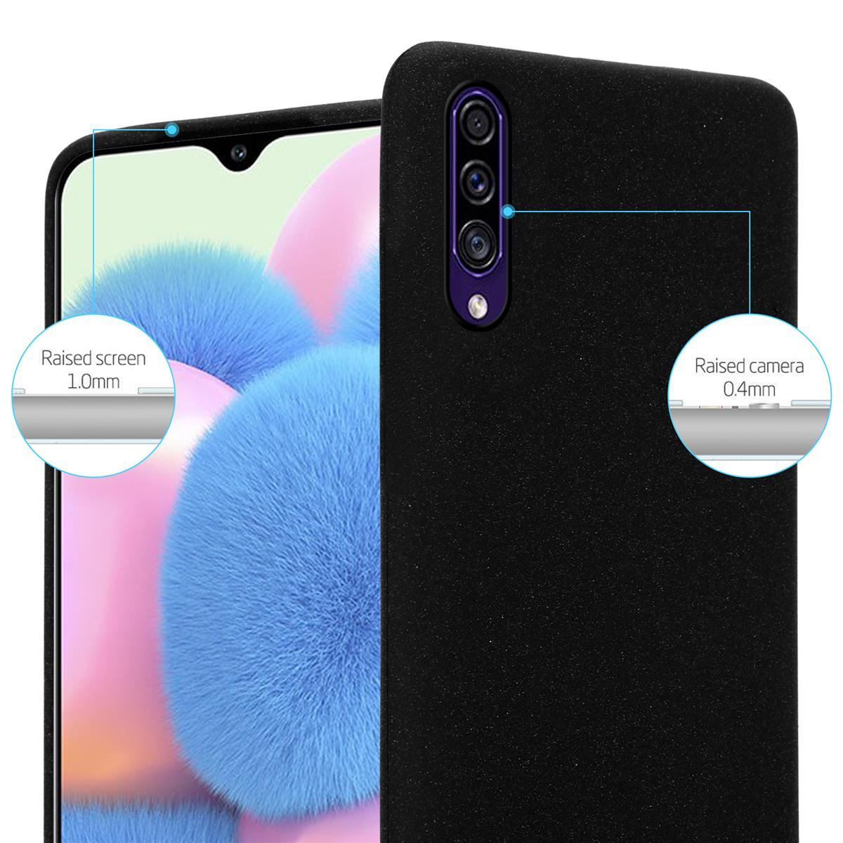 Custodia nera per telefono, schermo e fotocamera rialzati. Lo schermo del telefono mostra colori blu, rosa e bianco.