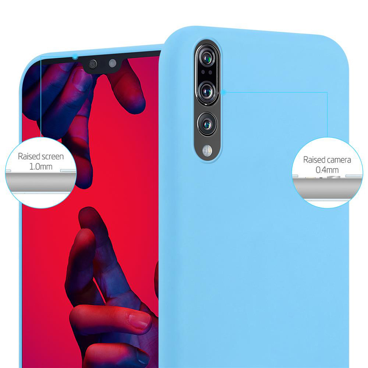 Una custodia per telefono azzurra con schermo e fotocamera rialzati. Sfondo dello schermo rosso.