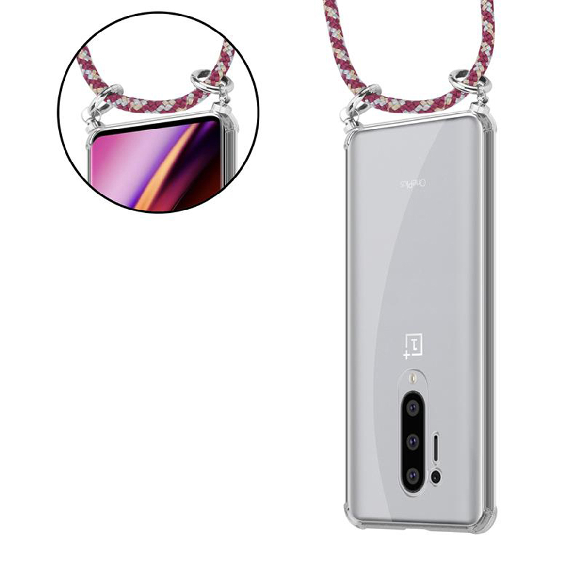 CADORABO Handy Kette und Silber Ringen, Hülle, GELB 8 PRO, OnePlus, abnehmbarer Backcover, mit Band ROT Kordel WEIß