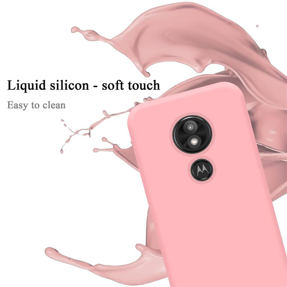 Rosa Handyhülle mit rosa Spritzer. Die Hülle besteht aus Flüssigsilikon, Soft-Touch, leicht zu reinigen.