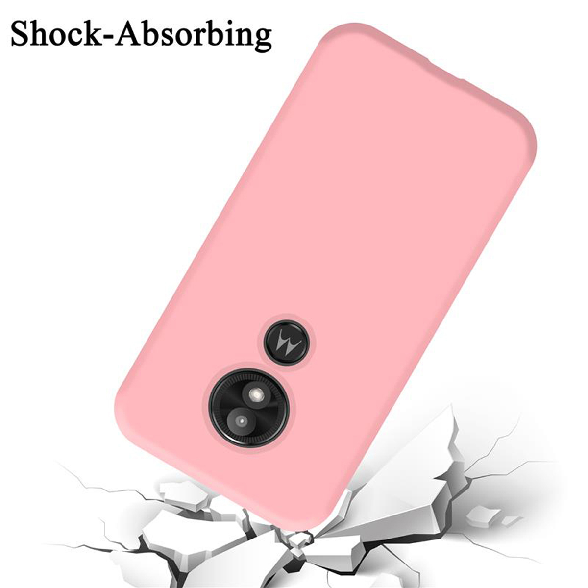 Rosa Handyhülle fällt, mit Text 'Shock-Absorbing' und zerbrochener weißer Oberfläche.