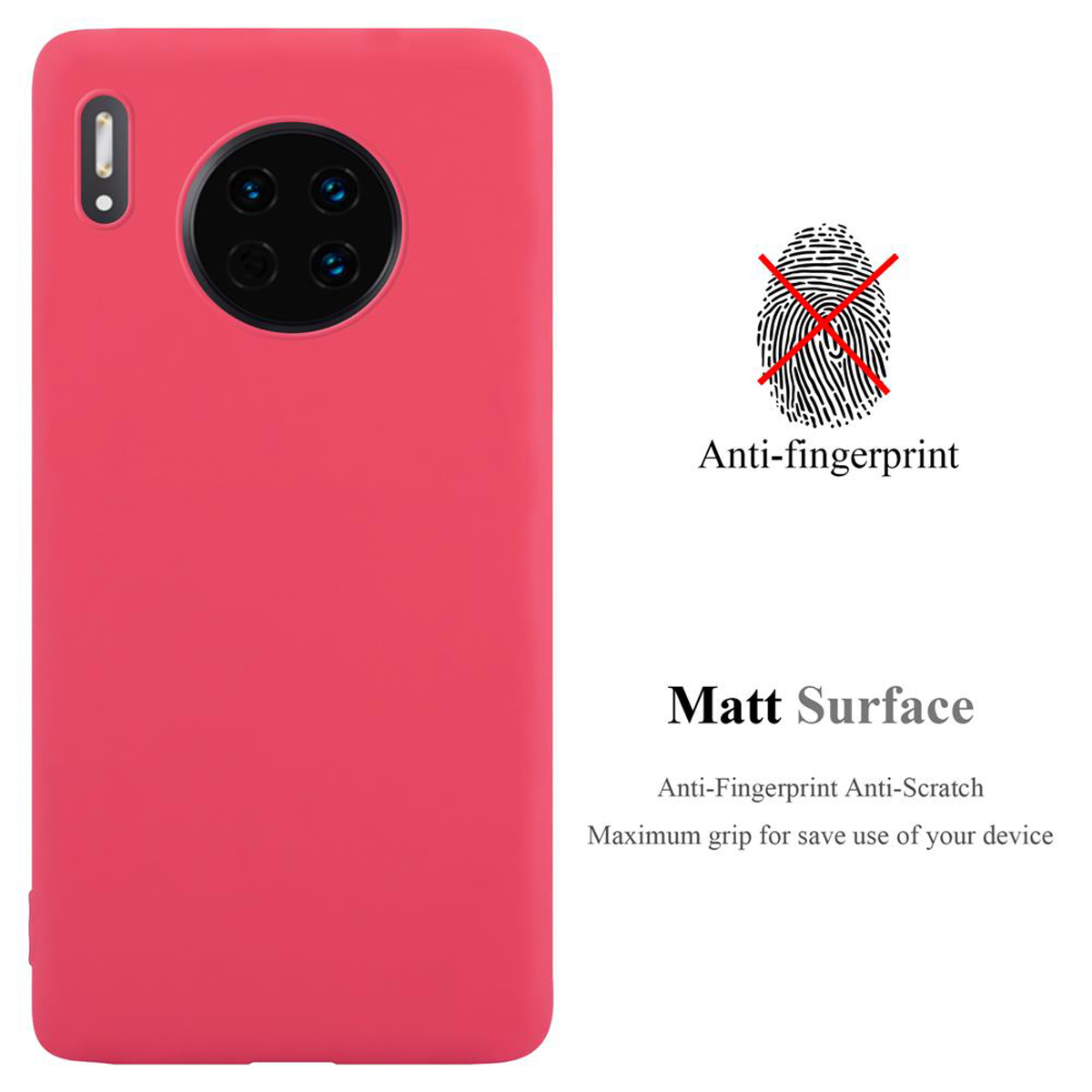 Custodia per telefono rossa con testo e simbolo dell'impronta digitale. Sfondo bianco.