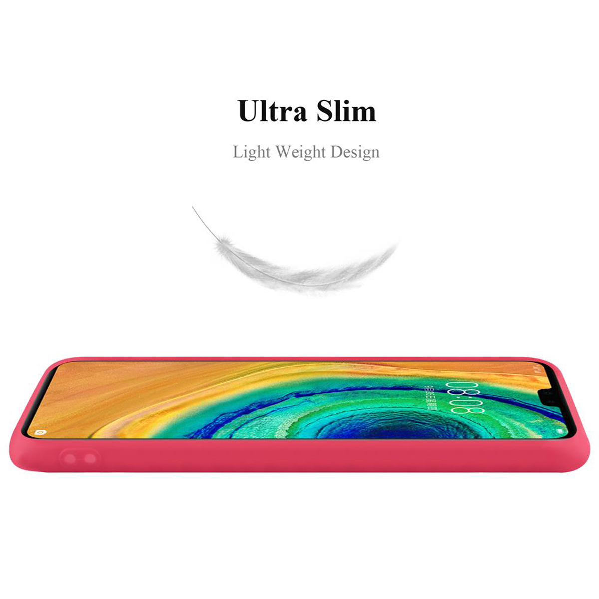 Una custodia rossa per telefono su sfondo bianco. Una piuma è sopra la custodia del telefono. Il testo dice Ultra Slim.