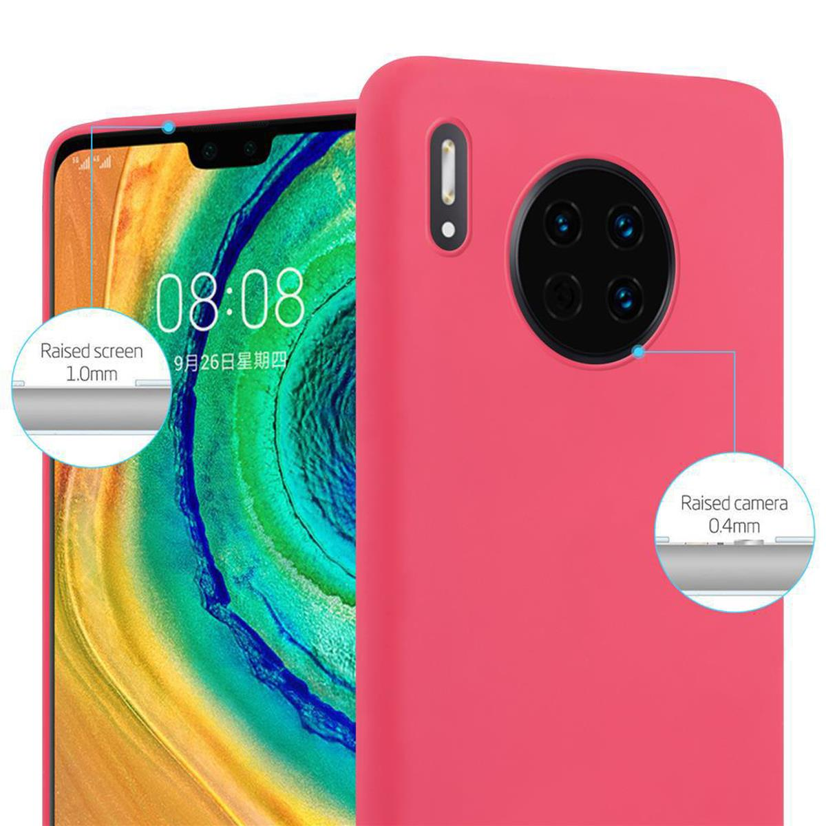 Una custodia per telefono rosa con testo e dettagli di protezione dello schermo e della fotocamera rialzati.