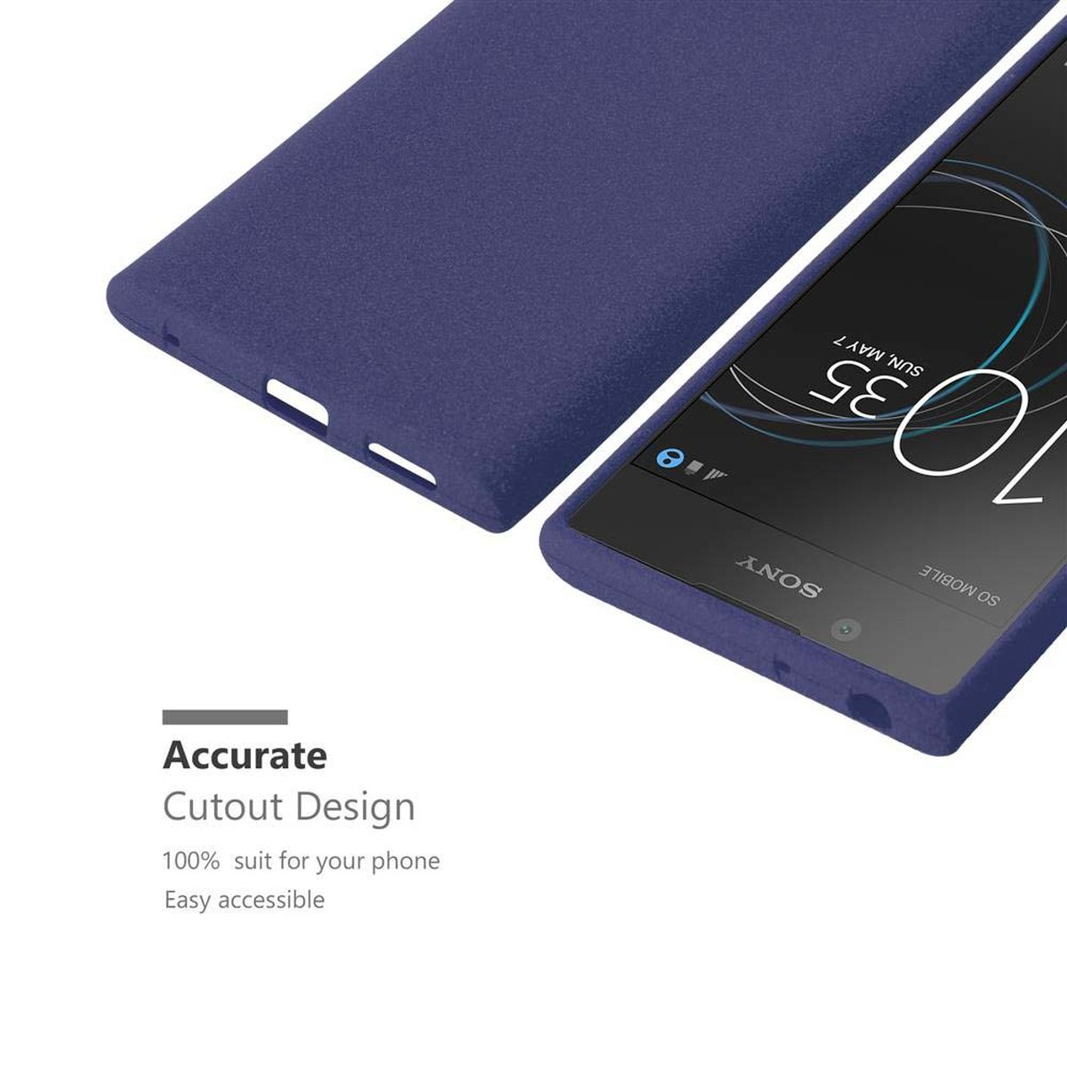 Custodia blu navy con un telefono sullo schermo. Il testo dice Accurate Cutout Design.