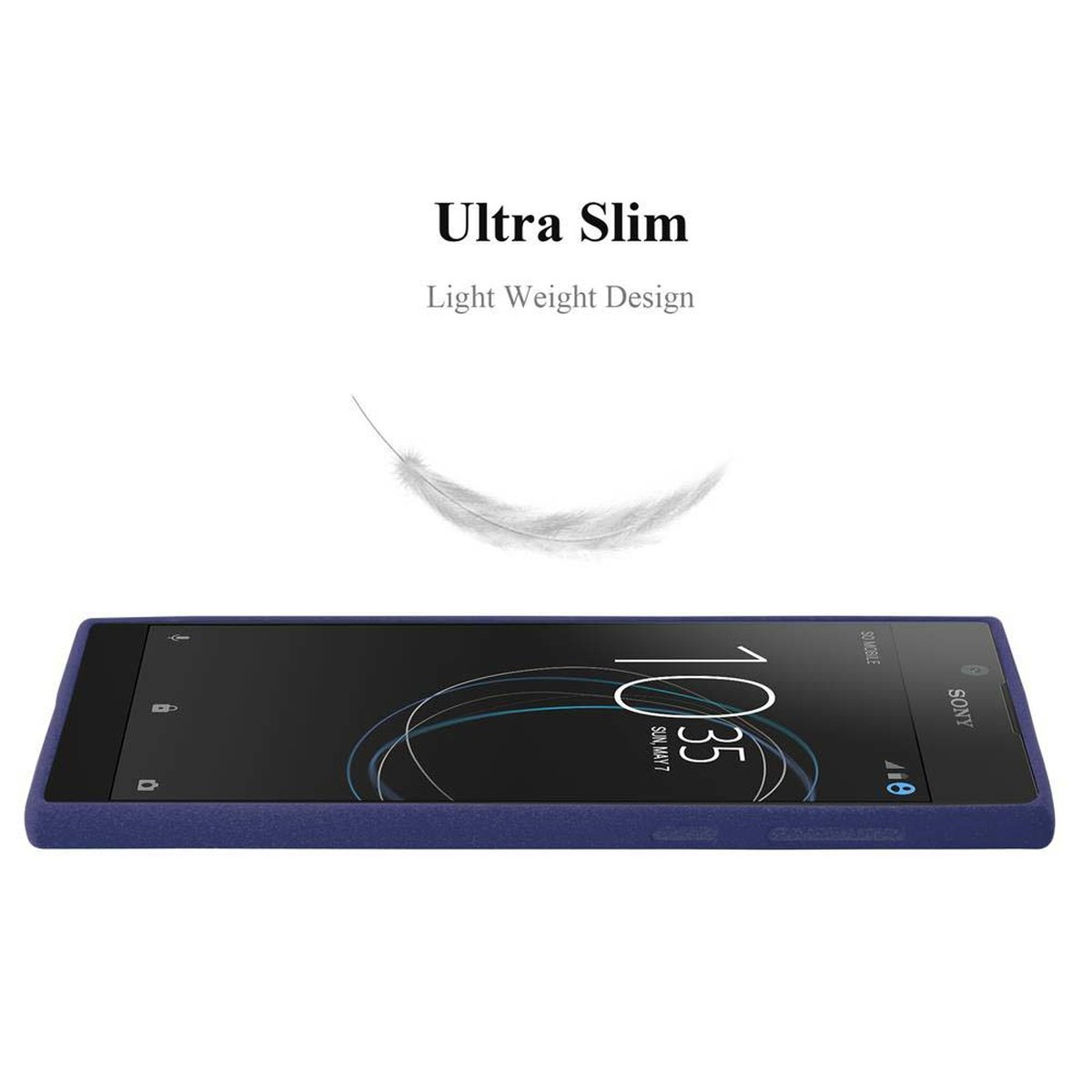 Una custodia per telefono con il testo 'Ultra Slim' e una grafica a piuma, il telefono visualizza l'ora.