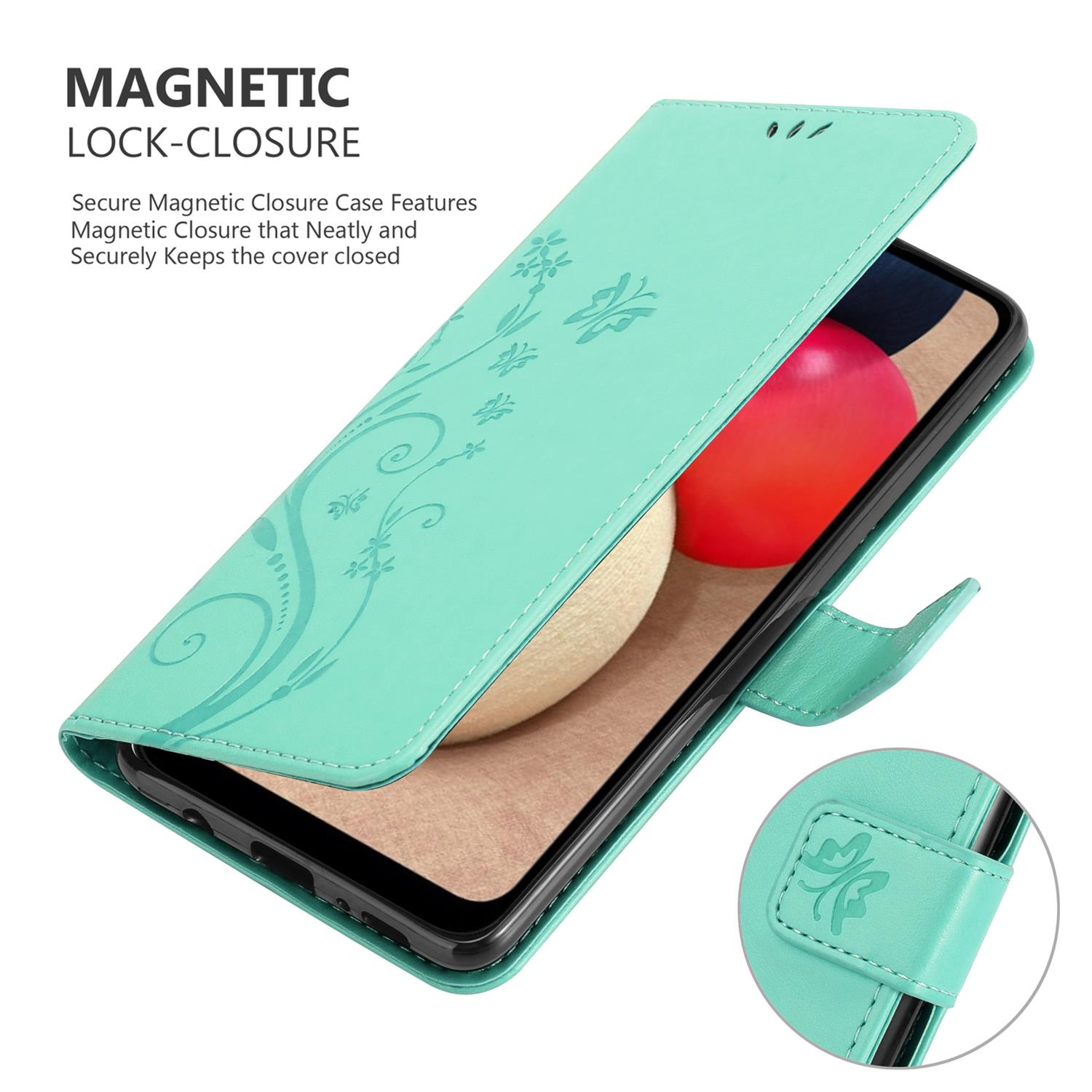 Custodia per telefono con chiusura magnetica. Verde con design floreale.