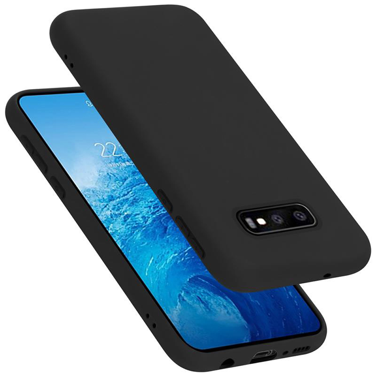 Eine schwarze Handyhülle auf einem Telefon. Das Telefon zeigt ein Datum auf dem Bildschirm an.