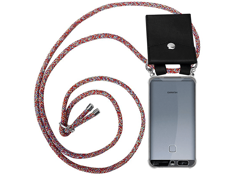 CADORABO Handy Kette P9, COLORFUL Silber Ringen, Band Kordel abnehmbarer Hülle, und Backcover, Huawei, PARROT mit