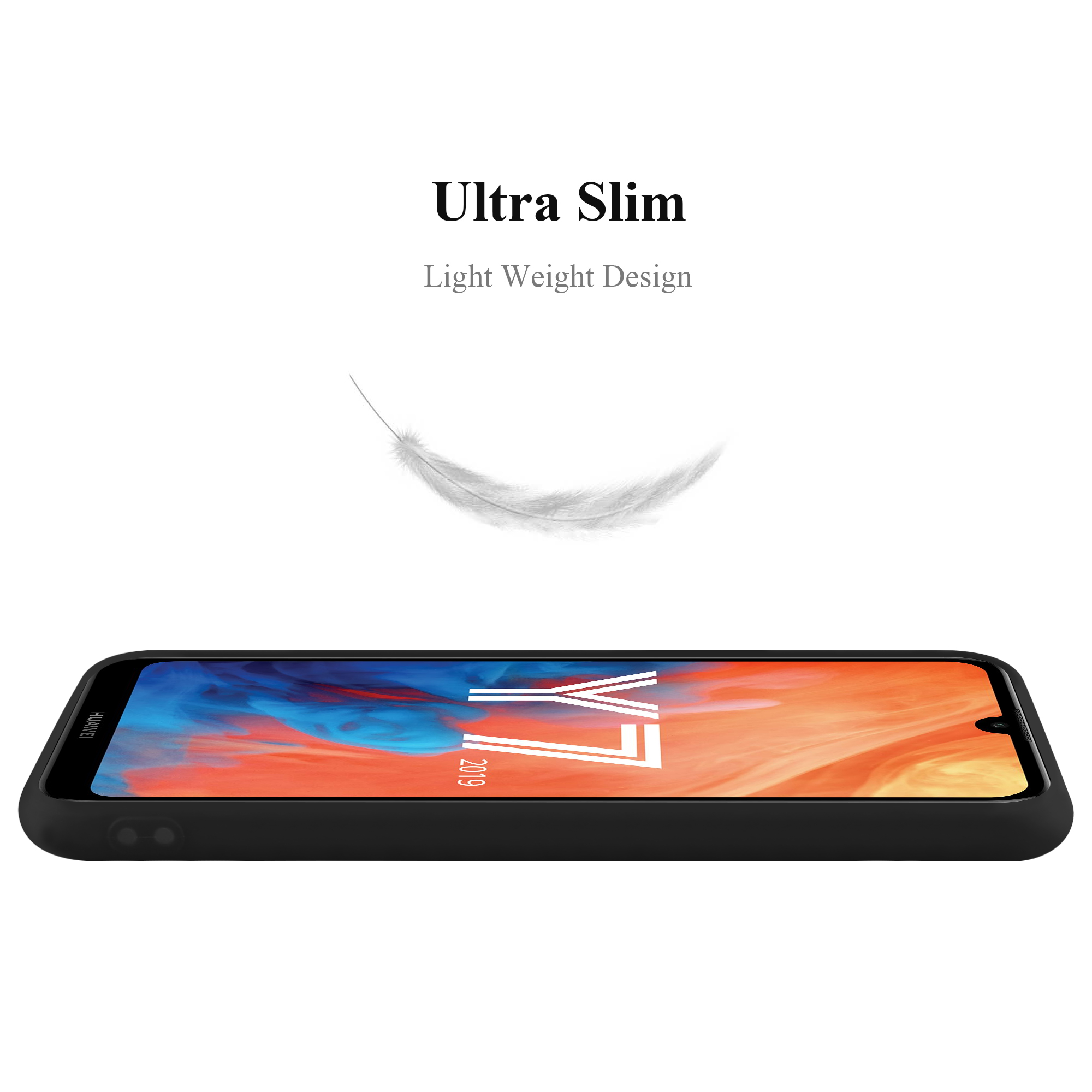 Una custodia nera per telefono è mostrata di lato. Una piuma bianca fluttua sopra. Il testo 'Ultra Slim' è presente.