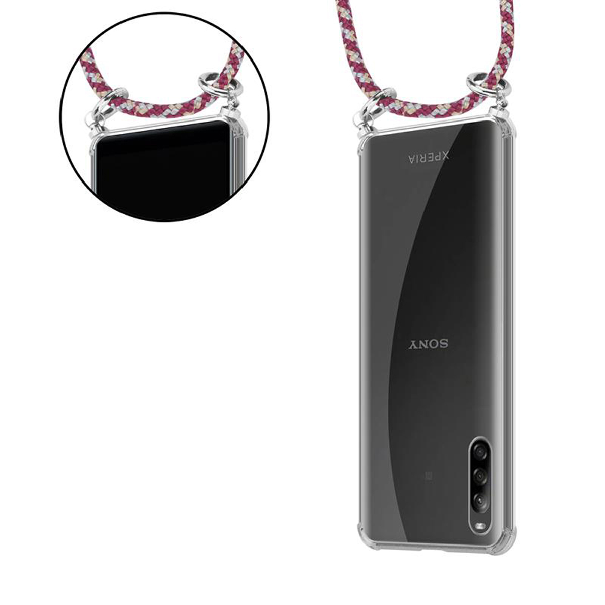 Kette abnehmbarer GELB Band und Handy WEIß ROT Ringen, Backcover, CADORABO L4, Kordel mit Sony, Xperia Hülle, Silber