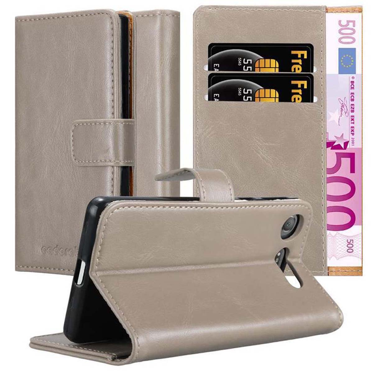Una funda de billetera para teléfono se abre para mostrar tarjetas y un fajo de billetes de 500 euros.