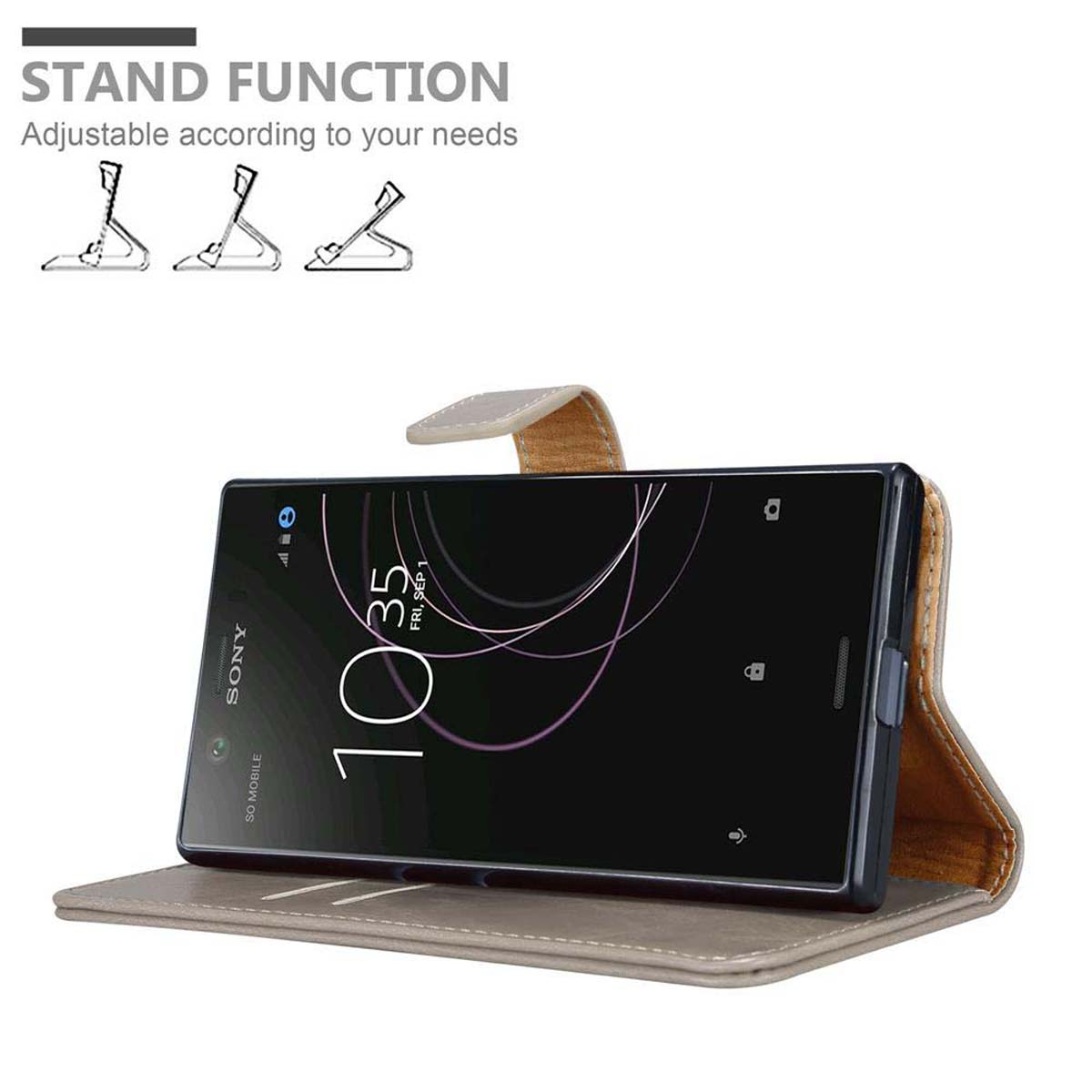 Un teléfono en una funda gris, el teléfono está en un soporte. El teléfono muestra la hora 10:35.