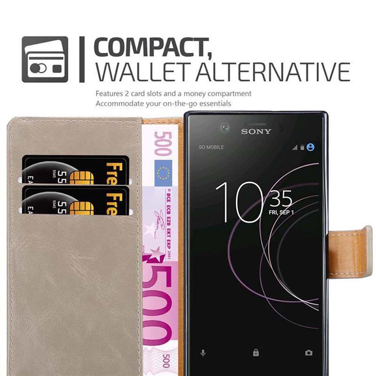 Funda con tarjetas y dinero. Texto: Compacto, alternativa a la cartera. 2 ranuras, compartimento.