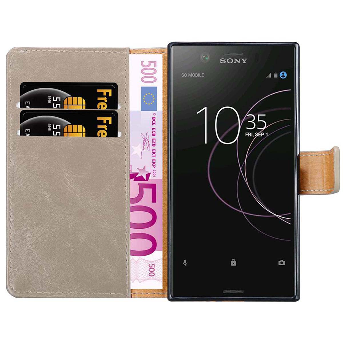 Una funda de teléfono, abierta, con un teléfono, una tarjeta de crédito y efectivo dentro. La funda es gris.