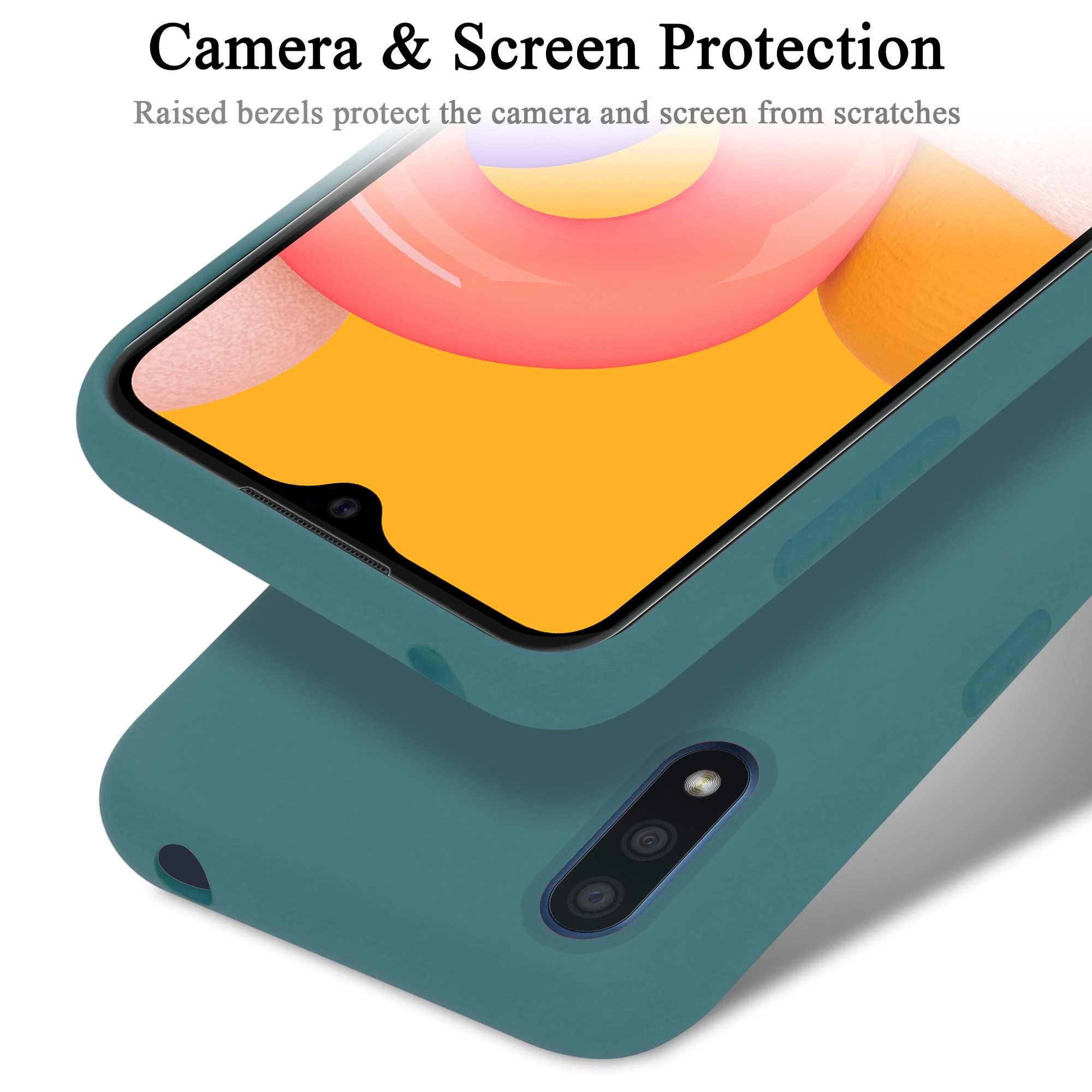Custodia per telefono verde acqua con telefono all'interno. Testo: Protezione fotocamera e schermo.