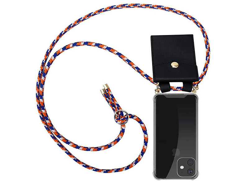 CADORABO Handy Kette mit WEIß iPhone ORANGE Ringen, abnehmbarer Gold Hülle, und Apple, Kordel Band BLAU PRO, Backcover, 11