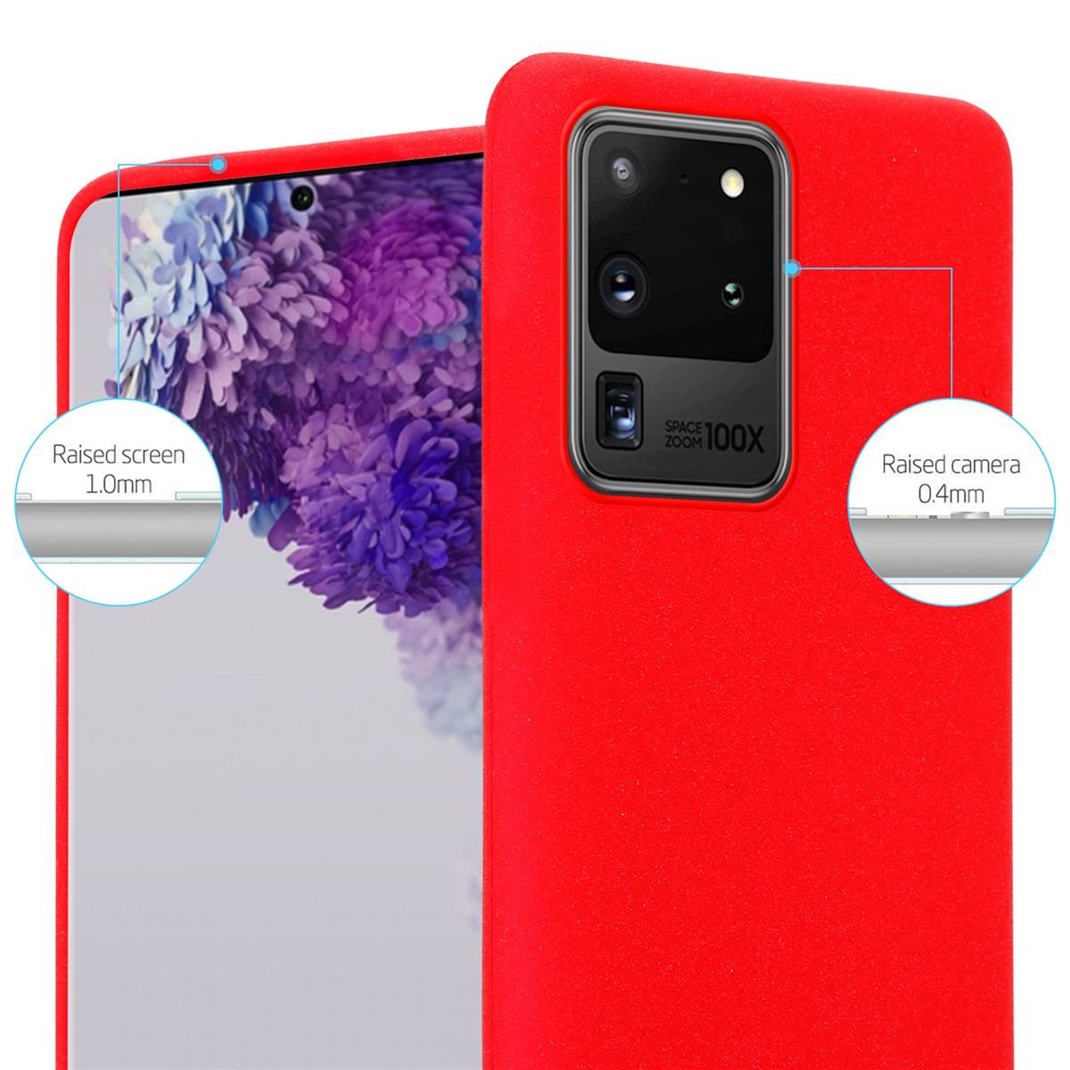 Custodia rossa per telefono che mostra la fotocamera e lo schermo del telefono. Testo: Schermo rialzato 1,0 mm. Fotocamera rialzata 0,4 mm.