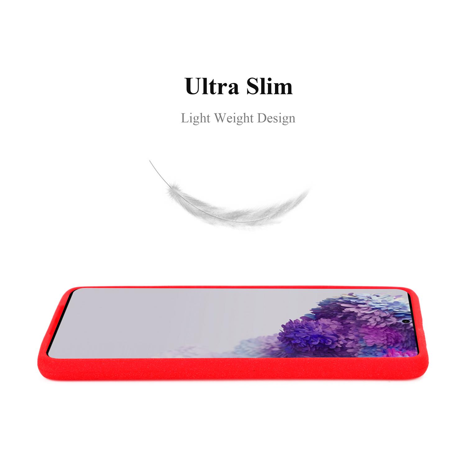 Una custodia per telefono rossa con un telefono all'interno su una superficie bianca. La custodia riporta le parole Ultra Slim e Light Weight Design.