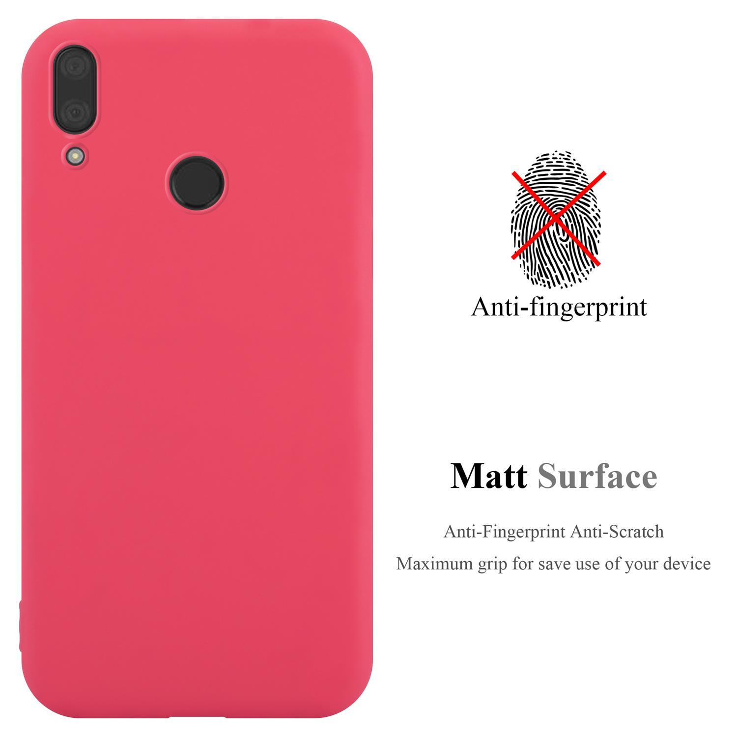 Custodia rosa per telefono su sfondo bianco. Il testo dice anti-impronta e superficie opaca.